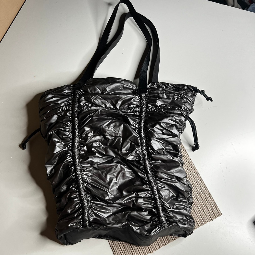 L.A.M.B. Gwen Stefani Metallic Ruched Puffer Tote Bag Houndstooth Lining